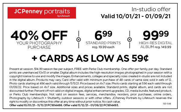 Cards as low as 59c, 40% off your purchase, $6.99 Standard Prints, and a $99.99 Digital Album