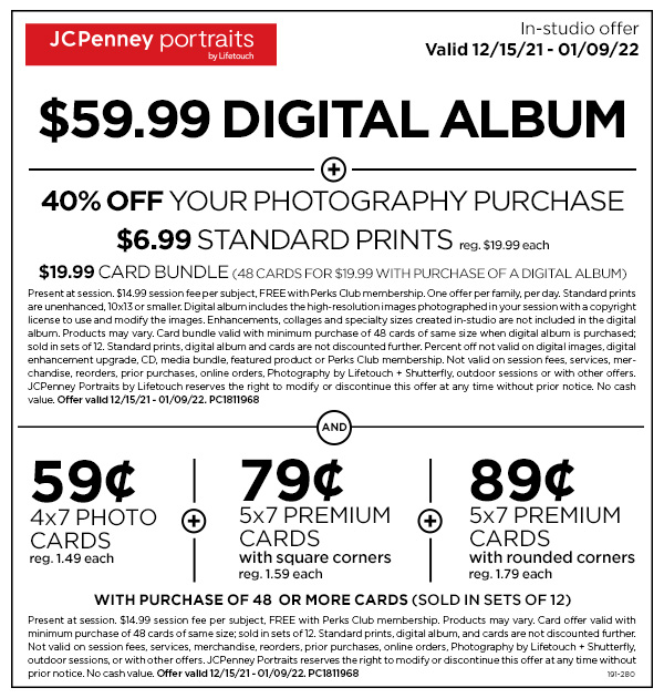$59.99 Digital Album, Cards as low as 59c, 40% off your purchase, $6.99 Standard Prints, and a $19.99 Card Bundle
