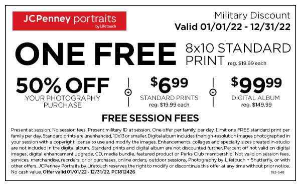 Exclusive Military and Armed Forces discount at JCPenney Portraits. Military deployment pictures and military family reunions. Receive a FREE 8x10 and all free sitting fees plus 50% off portrait purchases with a valid Military ID.